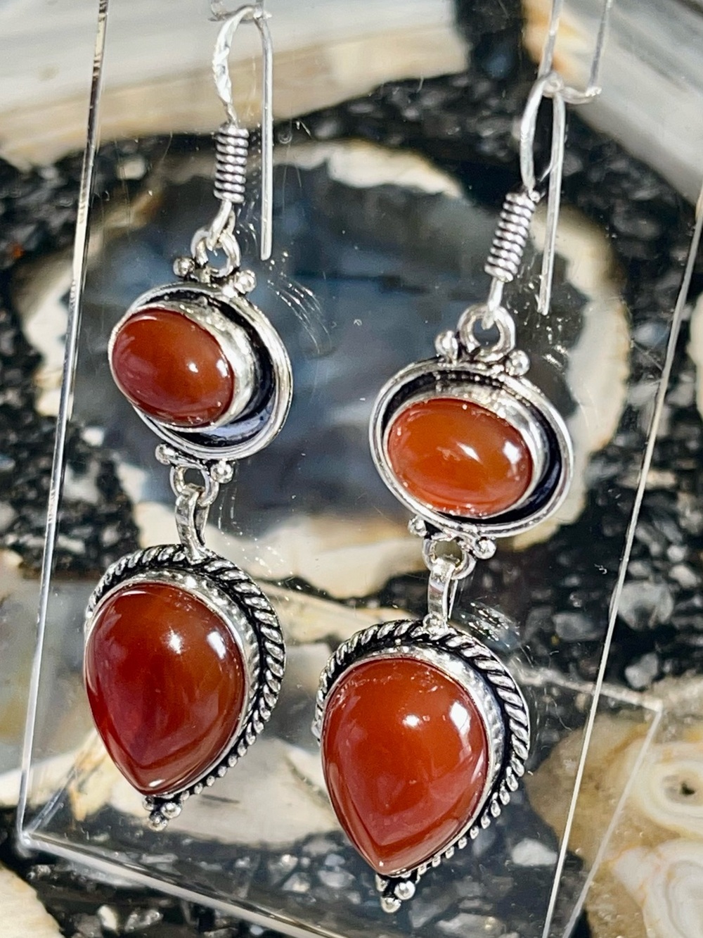 Orange-Red Carnelian Quartz Earrings 2 1/2”